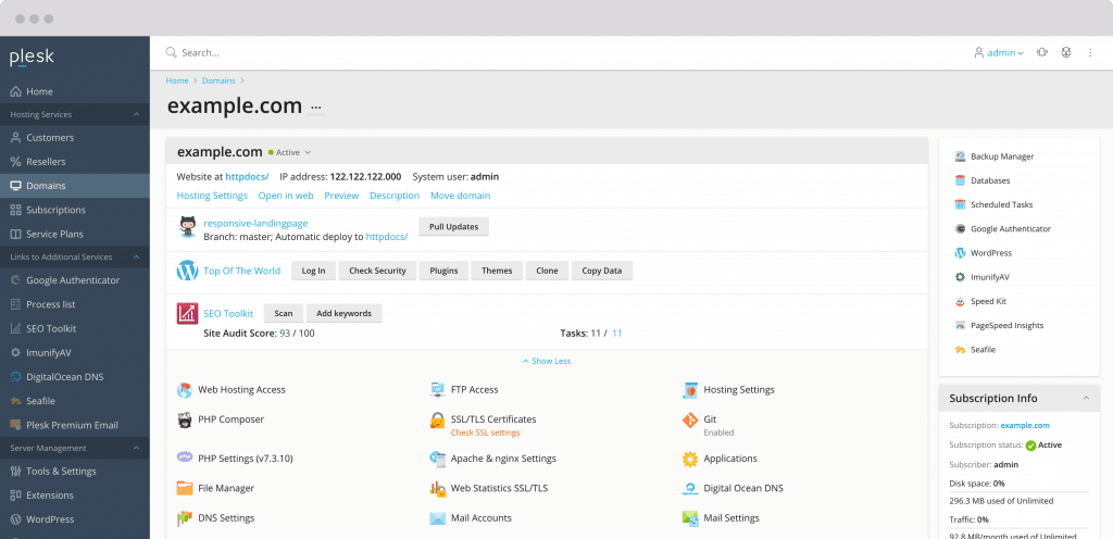 Plesk Dashboard Preview
